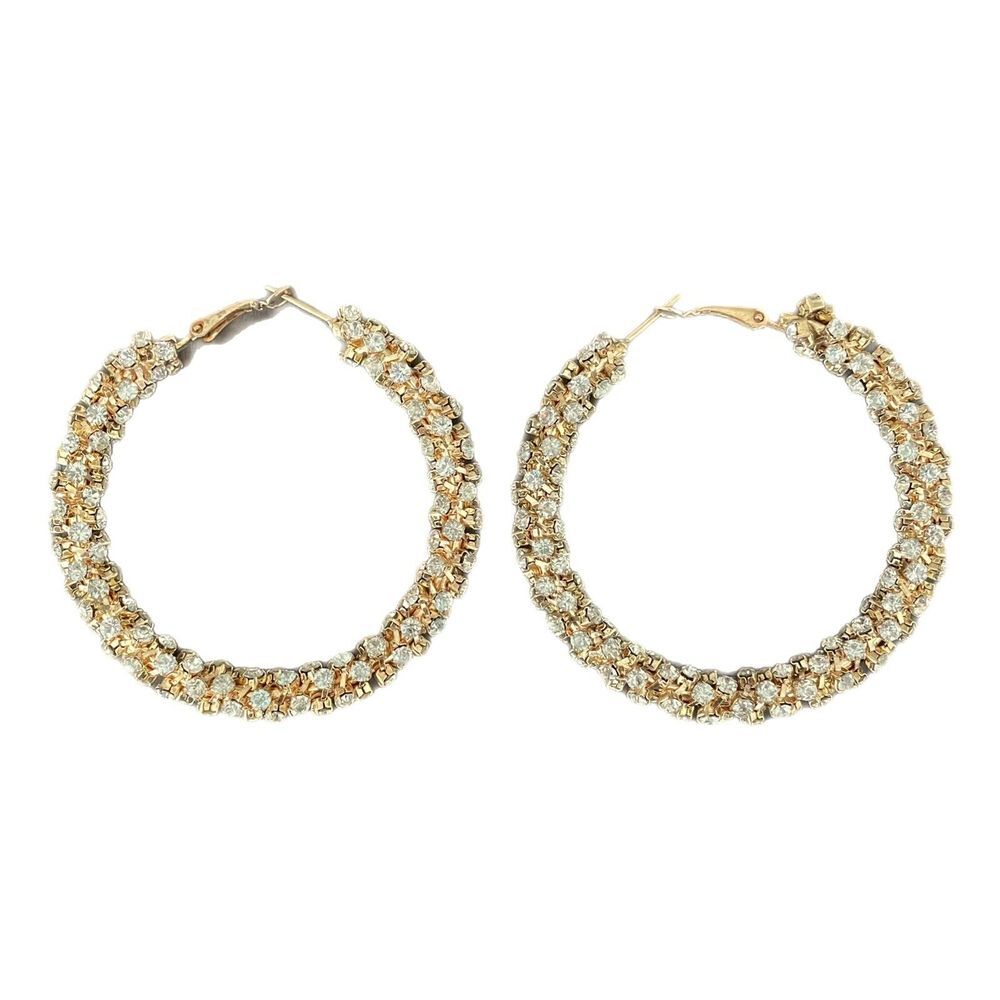 Vintage Y2K Metal Gold Tone Rhinestone Hoop Earrings